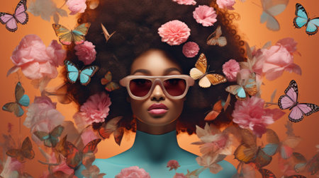 Surreal fashion spring portrait of a beautiful black African American woman with butterflies and flowers in her hair. Stylish woman with flowers and butterflies around her head, beauty and make-up.の素材