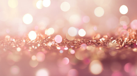 Pink light gold glitter background with bokeh. Festive glamor romantic abstract defocused lights background for Valentines day,women day or party event.の素材