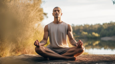 Man doing Biophilia Workouts outdoors. Biophilia exercises are performed outdoors and focus on the importance of nature on well-being. Biophilia nature green exercise benefits.の素材