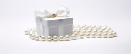 Luxury Jewelry gift boxes on white pastel background. White Gift box with diamonds and pearls. Wedding, valentines, romantic web bannerの素材