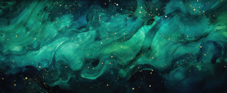 Green marble with golden veins abstract ink paint liquid background. Green and golden texture with marble surface. Dark green aqua abstract painted wavy marble background.の素材