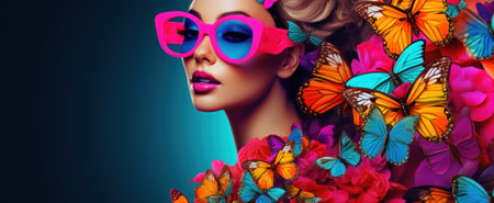 Beautiful Stylish woman with pink glasses surrounded by vibrant butterflies and flowers, glamour, vivacity, fashion, Beauty Salon concept.の素材