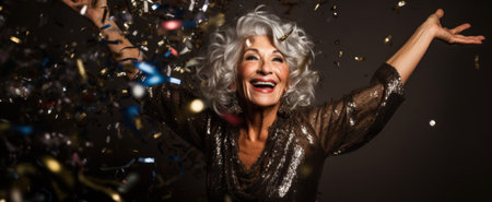 Happy beautiful mature senior woman in luxury dress celebtraing New Years Eve party or birthday, event. Stylish gray hair senior exited woman with glitter confetti celebrating new year.の素材