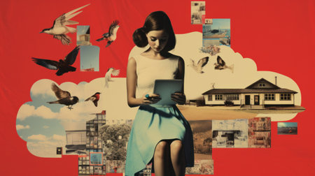 Social media art collage. Social media concept composition with woman immersed in a tablet and digital visual images and icons around her.の素材