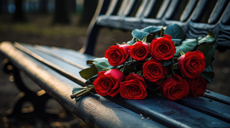 Forgotten bouquet of red roses lies on bench in an empty autumn park. Concept of Bad Date, Worst Date Stories, Loneliness, solitude, autumn nostalgiaの素材