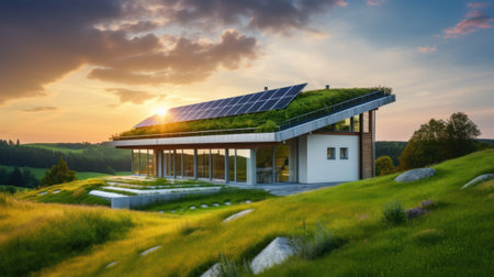 Green roofs with solar integration. Rooftop garden with integrated solar panels. Concept Sustainability, green energy, urban gardening, renewable resourcesの素材
