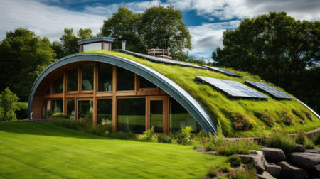 Green roofs with solar integration. Rooftop garden with integrated solar panels. Concept Sustainability, green energy, urban gardening, renewable resourcesの素材