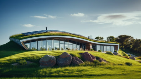 Eco-Friendly House with Green Roof and Solar Panels. An eco-friendly wooden house cottage featuring a lush green roof and solar panels set in a serene natural landscape.の素材