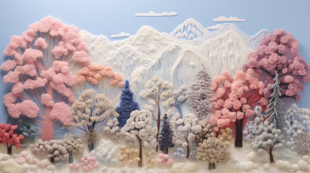 Embroidered winter landscape with textured trees and hills in light colors. Fantasy 3D volumetric winter landscape made of thread and embroidery. Embroidery winter monochrome texture background.の素材
