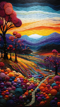Embroidered landscape with textured swirls of vibrant thread. Colorful embroidered fantastic scene of rolling hills, trees, and flowing river. Embroidery, textile art, craftsmanship, vivid textures.の素材