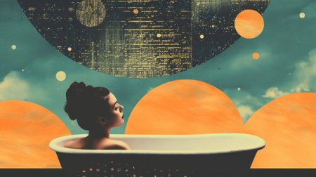 Self Care, beauty routine Collage with Woman and Nature Elements. Vintage-inspired collage portrait of woman with elements of nature and abstract textures, creating surreal and artistic compositionの素材