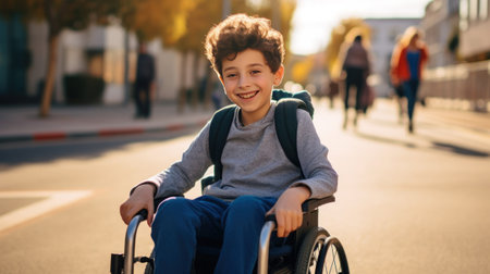 School Wheelchair Accessibility. Happy Young Kid Boy in Wheelchair Enjoying Outdoors in the schoolyard. Tips for Working With Students in Wheelchairs.の素材