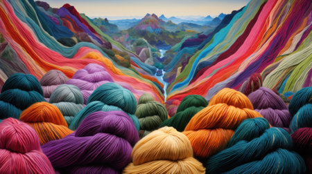 Textured Yarn Landscape of Sunset over mountains. Knitted Landscape with Colorful Textures. Vivid and textured yarn art sunset with a colorful horizon and silhouetted mountainsの素材