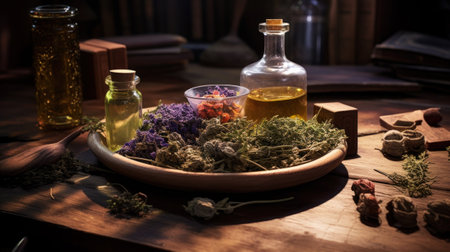 Herbal Apothecary with Natural Ingredients. A traditional apothecary setting with natural dried herbs, flowers, and various bottles, alternative medicine, herbal medicine and holistic healingの素材