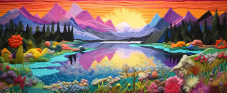 Textile Landscape Art Depicting Sunset over Lake. Vivid textile art representation of a scenic sunset over a calm lake, with colorful, textured trees and layered sky crafted from yarnの素材