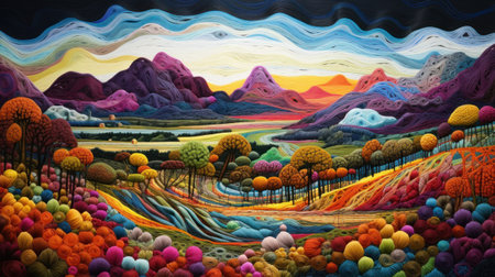 Textured Yarn Landscape of Sunset over mountains. Knitted Landscape with Colorful Textures. Vivid and textured yarn art sunset with a colorful horizon and silhouetted mountainsの素材