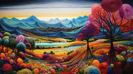 Textured Yarn Landscape of Sunset over mountains. Knitted Landscape with Colorful Textures. Vivid and textured yarn art sunset with a colorful horizon and silhouetted mountainsの素材