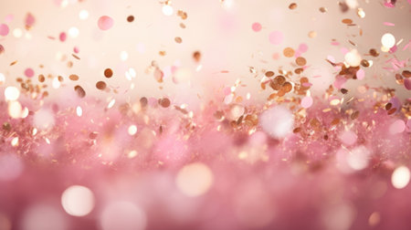 Abstract festive background of pink and gold confetti with a blurred bokeh effect, symbolizing celebration and joyの素材