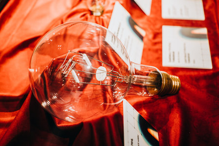 Warsaw, Poland - March 19, 2024. Oversized Light Bulb on Red Satin Fabric