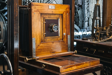 Warsaw, Poland - March 19, 2024. Antique Large Format Wooden Cameraのeditorial素材