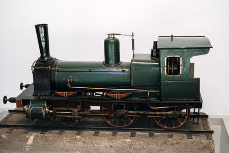 Warsaw, Poland - March 19, 2024. Vintage Model Steam Locomotive on Displayのeditorial素材