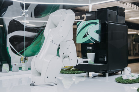 Warsaw, Poland - March 19, 2024. Robotic Arm Serving Coffee at Innovative Cafe