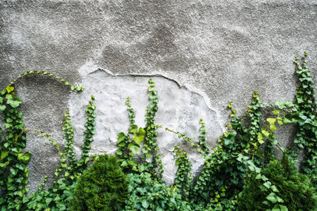 Green Ivy Climbing on Textured Concrete Wallの写真素材