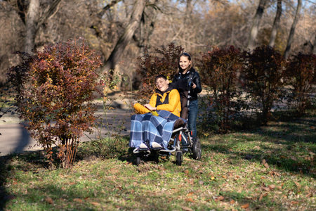 Siblings enjoying outdoor time in park, child in wheelchair, sibling support, family bond,...