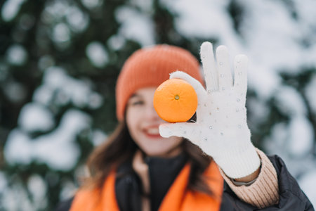 Close-up of woman holding an orange in a snowy outdoor scene. Winter immunity, fresh citrus, healthy living during cold seasonの写真素材