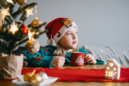 Young girl enjoying simple Christmas pleasures with hot cocoa. Holiday comfort, festive moments, togetherness, Christmas joy, seasonal warmth.の写真素材