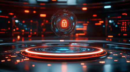 High tech cybersecurity concept with glowing digital lock above futuristic holographic interface in advanced control room with neon data streamsの写真素材