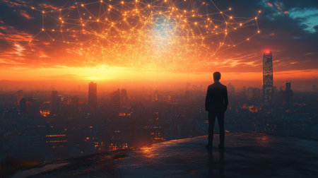 Futuristic city skyline showcasing cybersecurity through glowing shields and neon data lines in a...