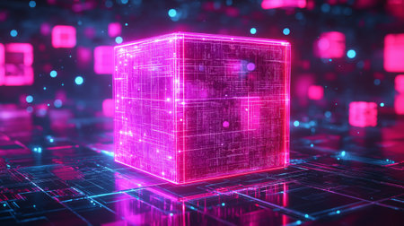 Futuristic cybersecurity system visualized as a digital fortress amid glowing circuits in dark space with a sense of mystery and securityの写真素材
