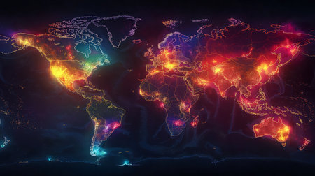 Global map illustrating the U S China chip war with interconnected semiconductor producers and a high tech aesthetic focusing on competition and supply dependenciesの写真素材