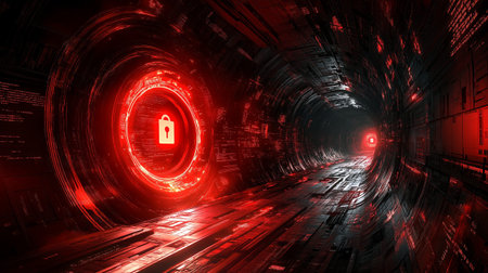 Conceptual representation of advanced cybersecurity with glowing digital lock among swirling binary...