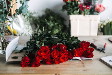 Fresh red roses laid out on a wooden table with floral shears in a working flower studio. Florist workspace, bouquet prep, raw floristry, creative process, small business storytellingの写真素材