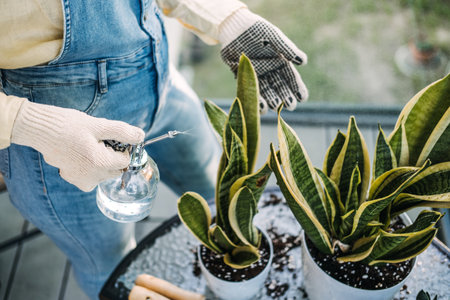 Person wearing gloves misting houseplants on a balcony garden table. Indoor plant care, sustainable living, wellness through greenery, small space gardeningの写真素材