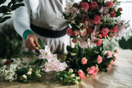 Florist demonstrates bouquet making using pink spray roses and berries during a studio floral class. Floral education and craft classes, hands-on skills, creative learning, bouquet making.の写真素材
