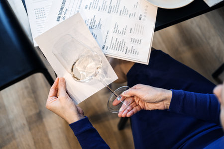 Person analyzing tasting notes during a wine class while holding a glass. Represents sensory design, wine education, and reflective learningの写真素材