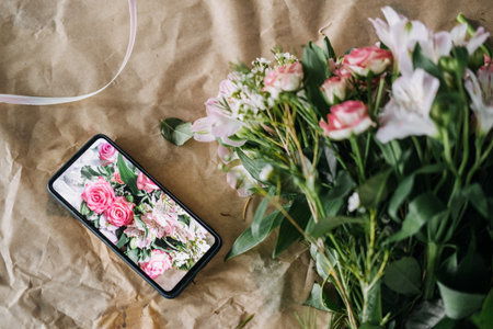 Smartphone displaying a bouquet photo next to real pink flowers on a kraft paper background. E-commerce floristry, digital product showcase, florist branding, online flower businessの写真素材