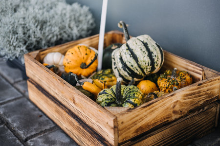 Top-down view of assorted ornamental gourds in a rustic wooden crate with handwritten price tags....