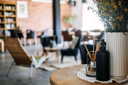 Close-up of aromatherapy diffuser, soap bottle, and potted flowers on a wooden table in a cozy lounge. Sensory wellness, interior mindfulness, cozy hospitality, slow cafe culture...の写真素材