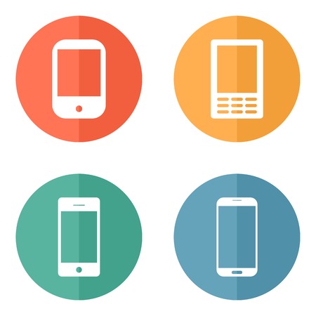 Telephone icons set on bright circle buttons.のイラスト素材