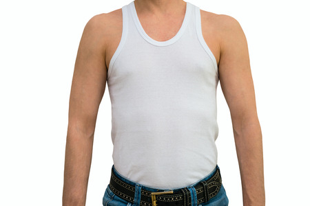 Man in white undershirt isolated on white backgroundの写真素材