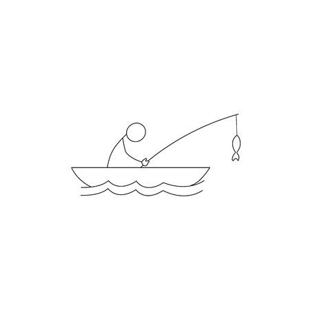 Stick figure fisherman catching a fish on a rodのイラスト素材