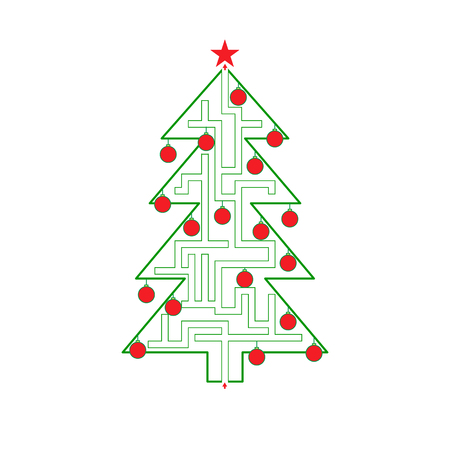 New year tree labyrinth pattern vector with path to exit isolated on white backgroundのイラスト素材