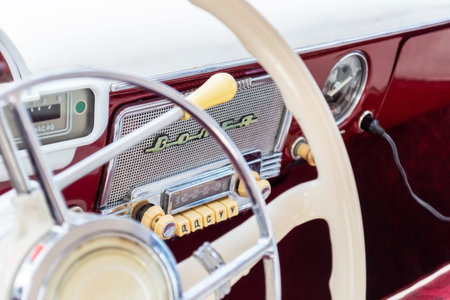 Dashboard of a retro car Volga. Exhibition of retro cars.