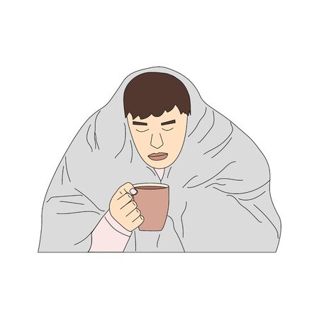 Sick man vector covered with a blanket and feelig coldのイラスト素材
