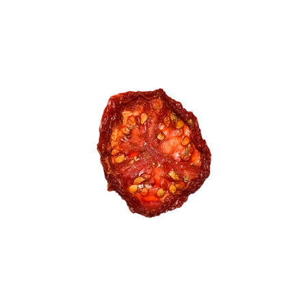 Dried organic tomato cut slice isolated on white backgroundの写真素材