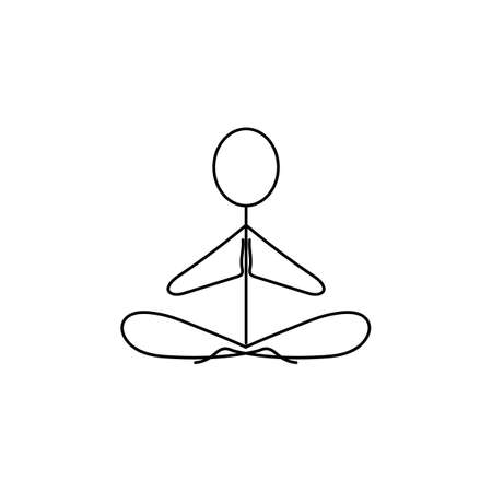 Cartoon icon of sketch stick figure sitting in lotus position and meditating isolated on white backgroundのイラスト素材